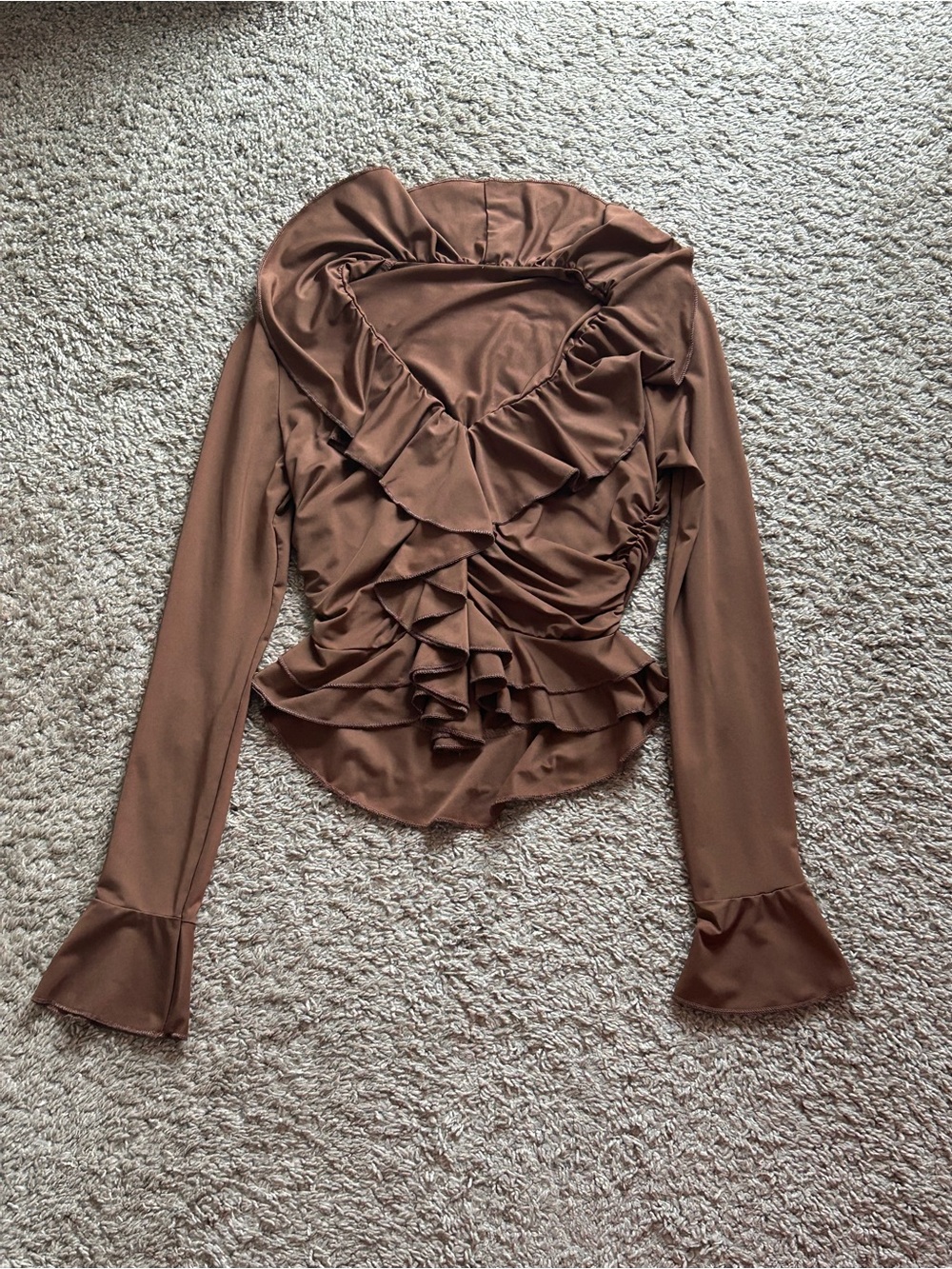 ruffled brown satin long sleeve top